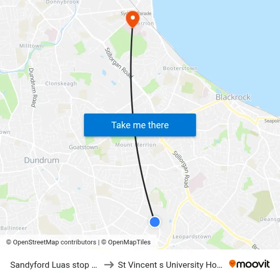 Sandyford Luas stop 5142 to St Vincent s University Hospital map