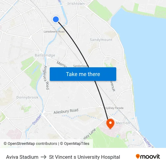 Aviva Stadium to St Vincent s University Hospital map