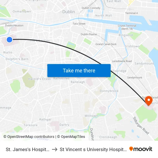 St. James's Hospital to St Vincent s University Hospital map