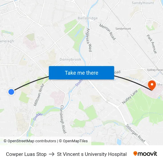 Cowper Luas Stop to St Vincent s University Hospital map