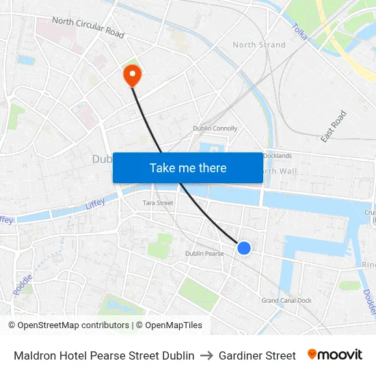 Maldron Hotel Pearse Street Dublin to Gardiner Street map