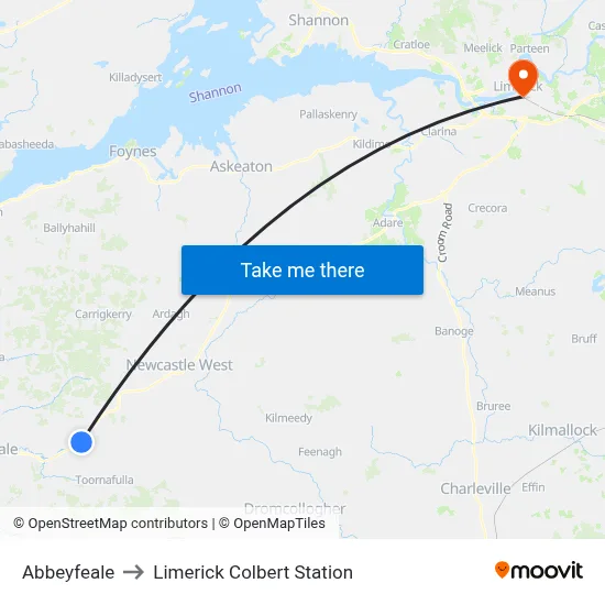 Abbeyfeale to Limerick Colbert Station map