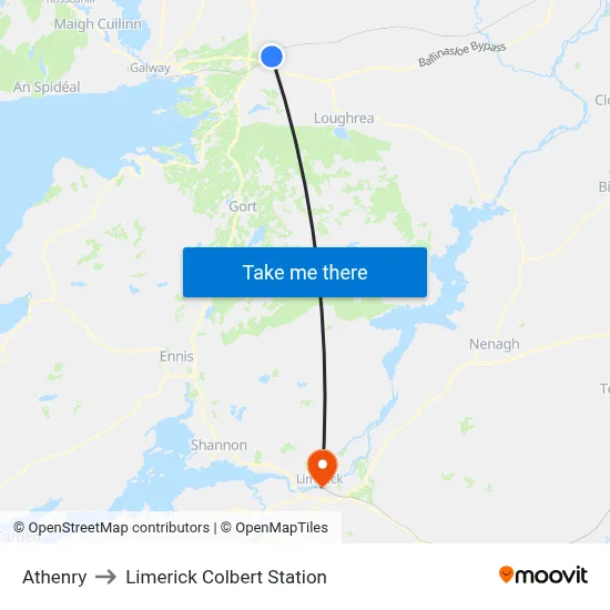 Athenry to Limerick Colbert Station map