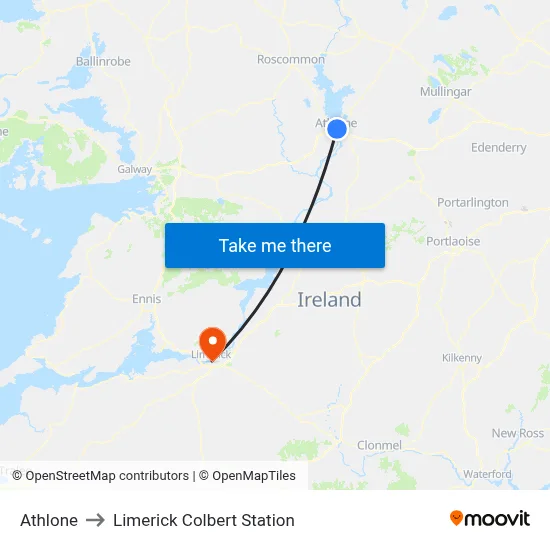 Athlone to Limerick Colbert Station map