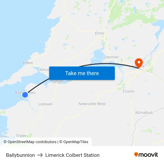 Ballybunnion to Limerick Colbert Station map