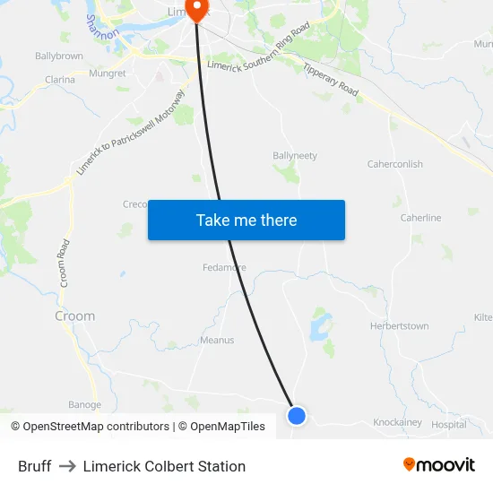 Bruff to Limerick Colbert Station map