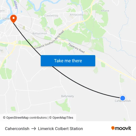 Caherconlish to Limerick Colbert Station map