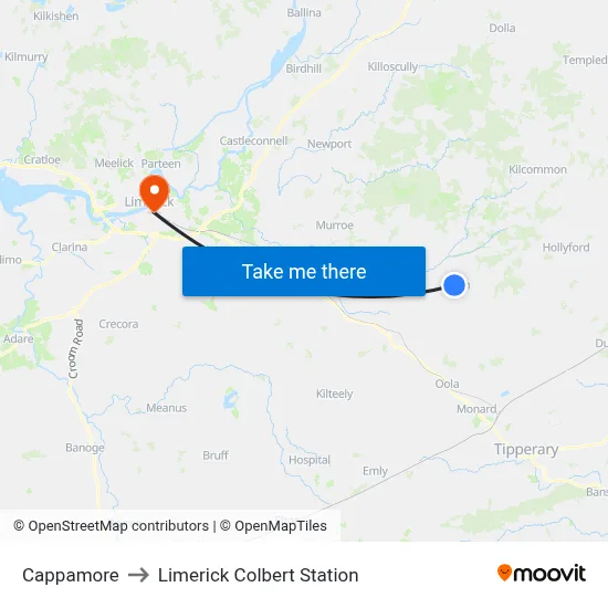 Cappamore to Limerick Colbert Station map