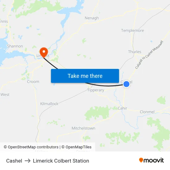 Cashel to Limerick Colbert Station map
