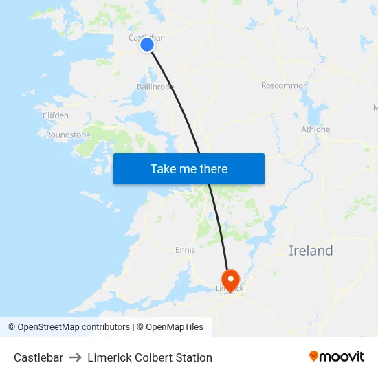 Castlebar to Limerick Colbert Station map
