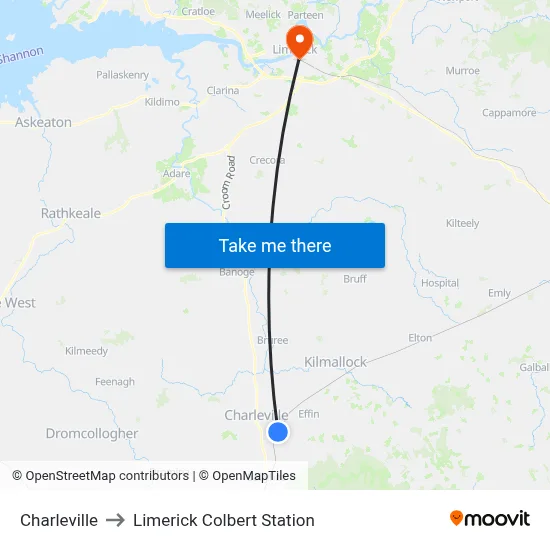 Charleville to Limerick Colbert Station map