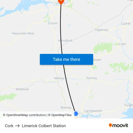 Cork to Limerick Colbert Station map