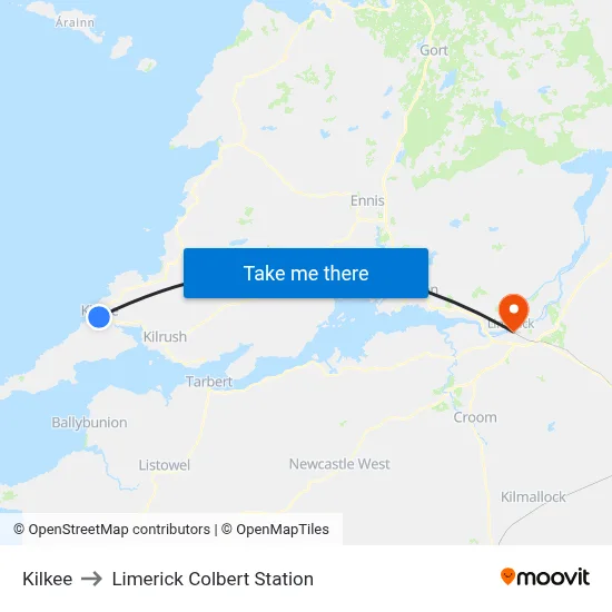 Kilkee to Limerick Colbert Station map