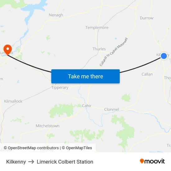 Kilkenny to Limerick Colbert Station map