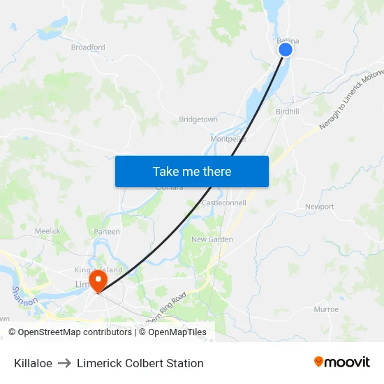 Killaloe to Limerick Colbert Station map