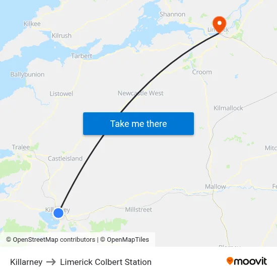 Killarney to Limerick Colbert Station map