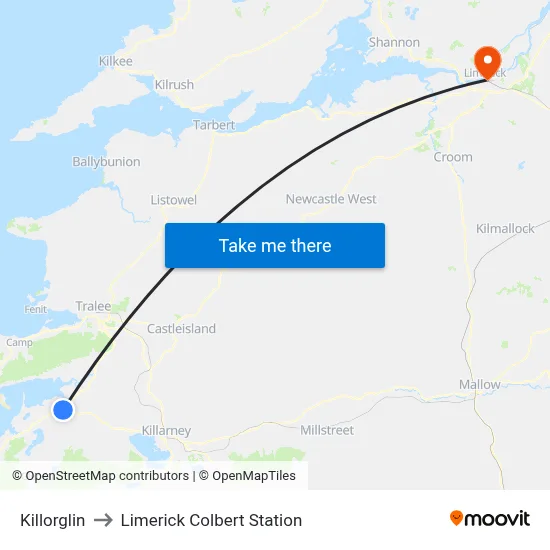 Killorglin to Limerick Colbert Station map