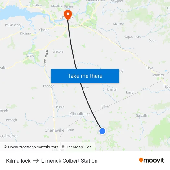 Kilmallock to Limerick Colbert Station map