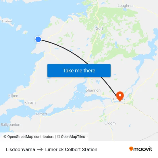 Lisdoonvarna to Limerick Colbert Station map