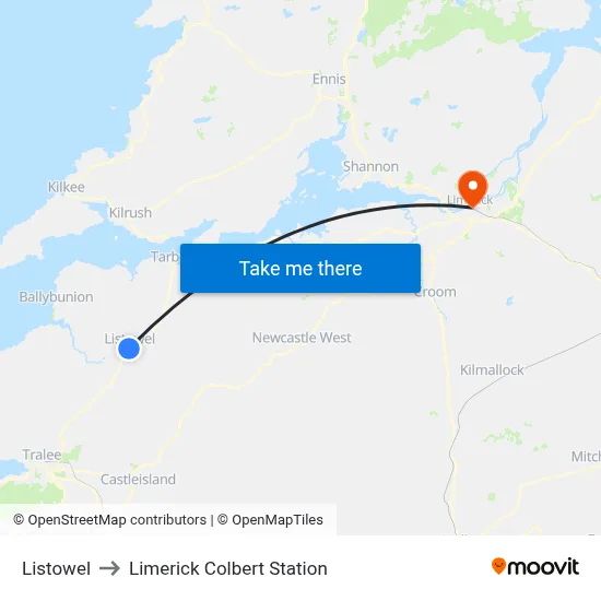 Listowel to Limerick Colbert Station map