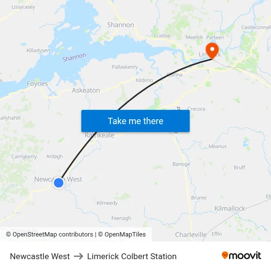 Newcastle West to Limerick Colbert Station map