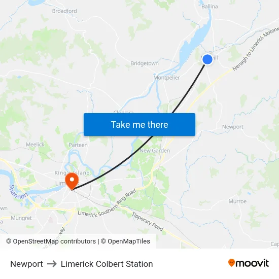 Newport to Limerick Colbert Station map