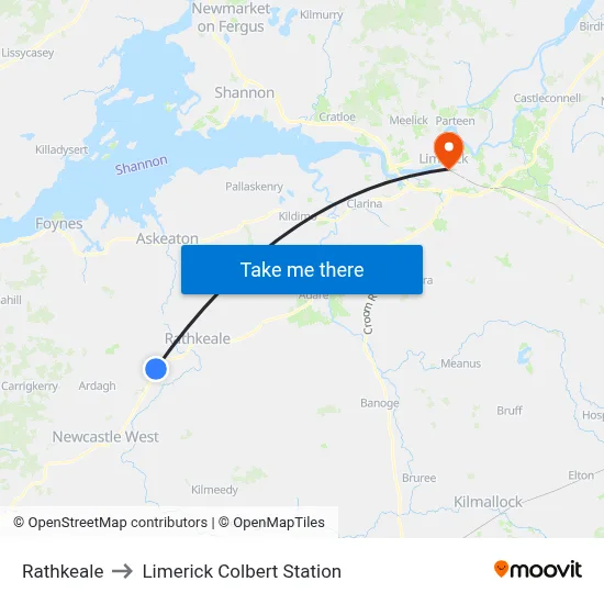 Rathkeale to Limerick Colbert Station map