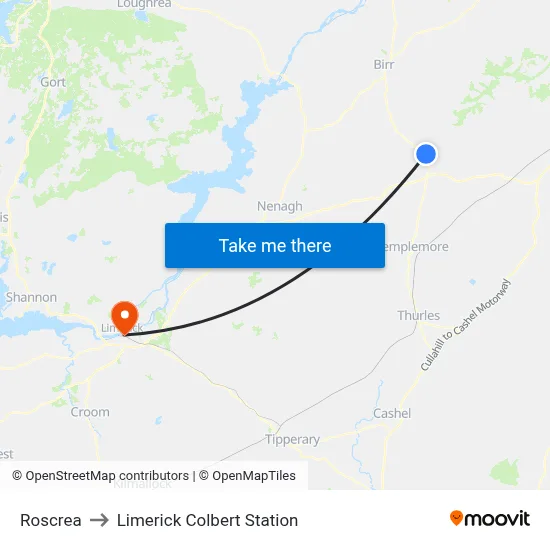 Roscrea to Limerick Colbert Station map