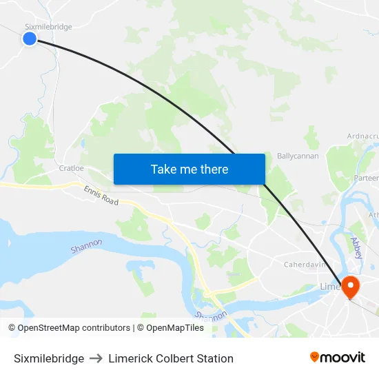 Sixmilebridge to Limerick Colbert Station map