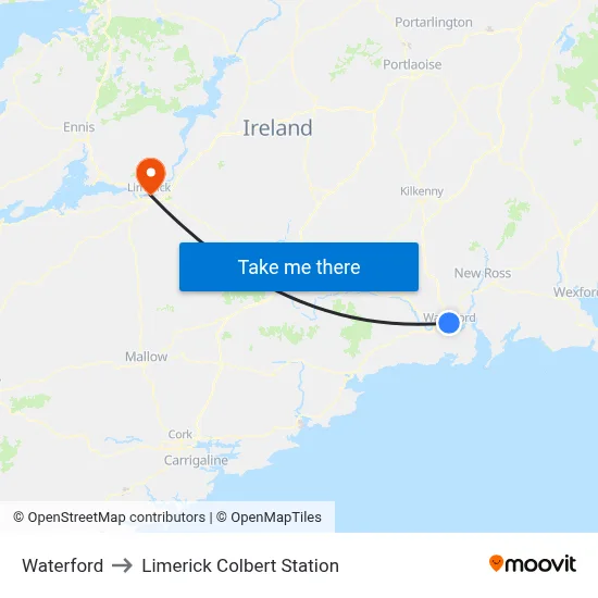 Waterford to Limerick Colbert Station map