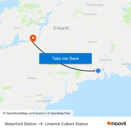 Waterford Station to Limerick Colbert Station map