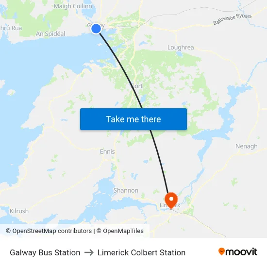 Galway Bus Station to Limerick Colbert Station map