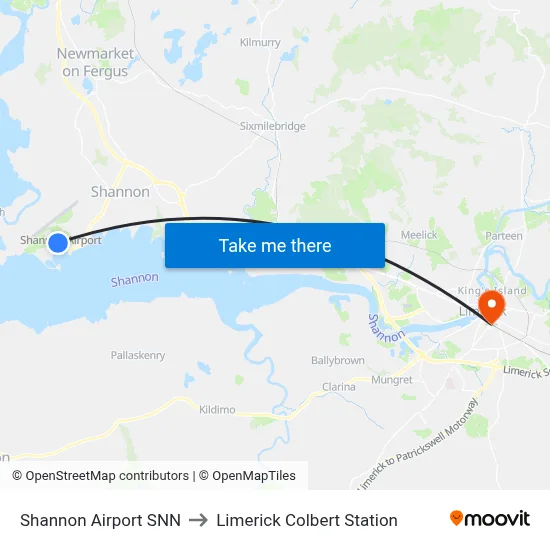 Shannon Airport SNN to Limerick Colbert Station map
