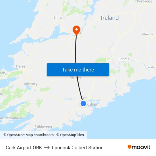 Cork Airport ORK to Limerick Colbert Station map