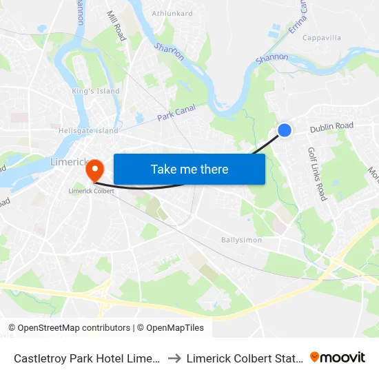 Castletroy Park Hotel Limerick to Limerick Colbert Station map