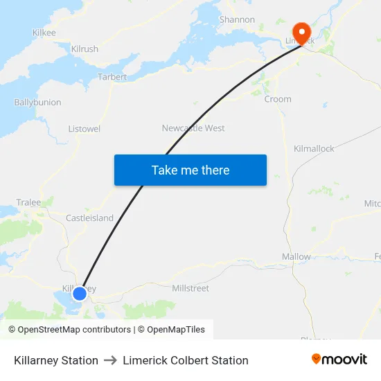 Killarney Station to Limerick Colbert Station map
