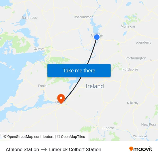 Athlone Station to Limerick Colbert Station map