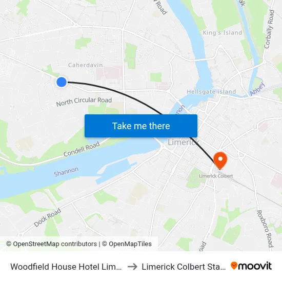 Woodfield House Hotel Limerick to Limerick Colbert Station map