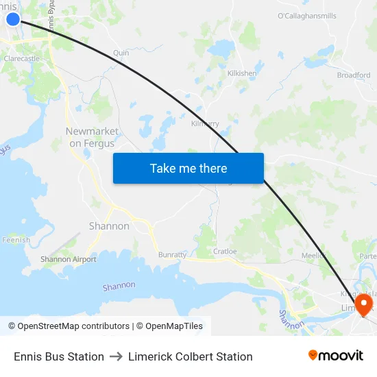 Ennis Bus Station to Limerick Colbert Station map