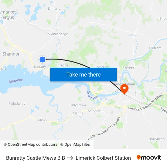 Bunratty Castle Mews B B to Limerick Colbert Station map