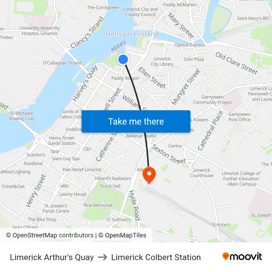 Limerick Arthur's Quay to Limerick Colbert Station map