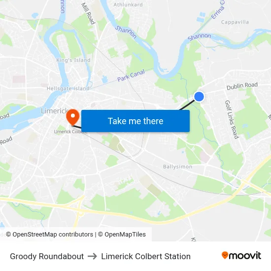 Groody Roundabout to Limerick Colbert Station map