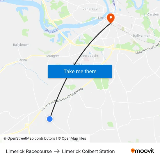 Limerick Racecourse to Limerick Colbert Station map