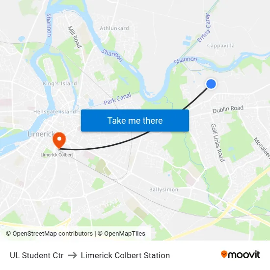 UL Student Ctr to Limerick Colbert Station map