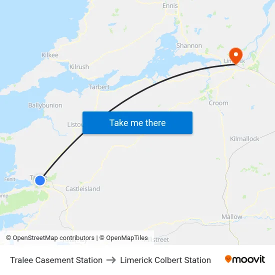 Tralee Casement Station to Limerick Colbert Station map