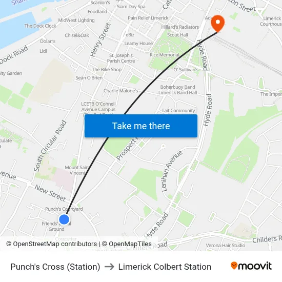 Punch's Cross (Station) to Limerick Colbert Station map
