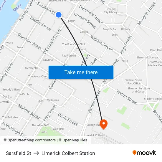Sarsfield St to Limerick Colbert Station map