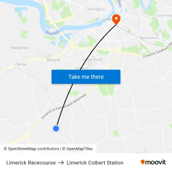 Limerick Racecourse to Limerick Colbert Station map