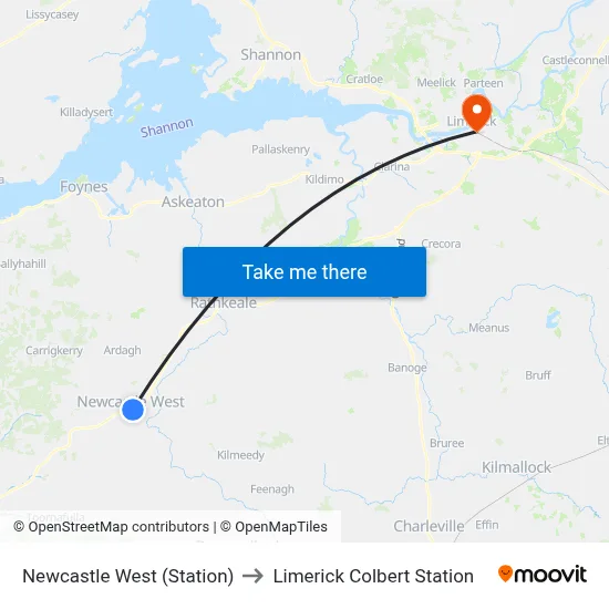 Newcastle West (Station) to Limerick Colbert Station map