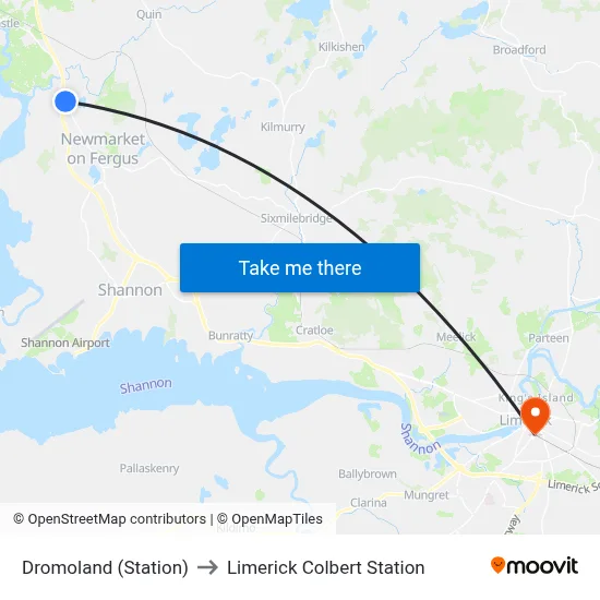 Dromoland (Station) to Limerick Colbert Station map